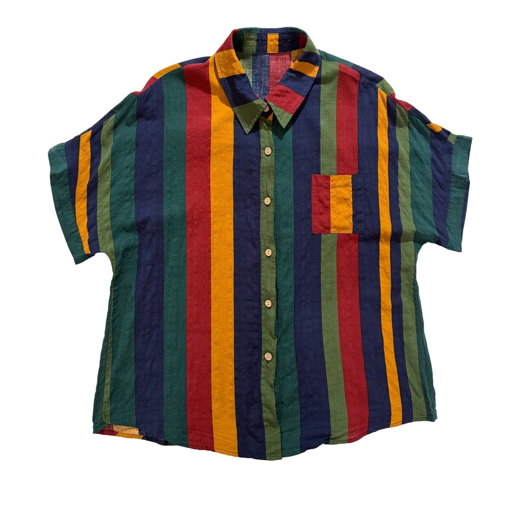 Colorful Striped Button Up Shirt XL Retro Camp Casual Pocket